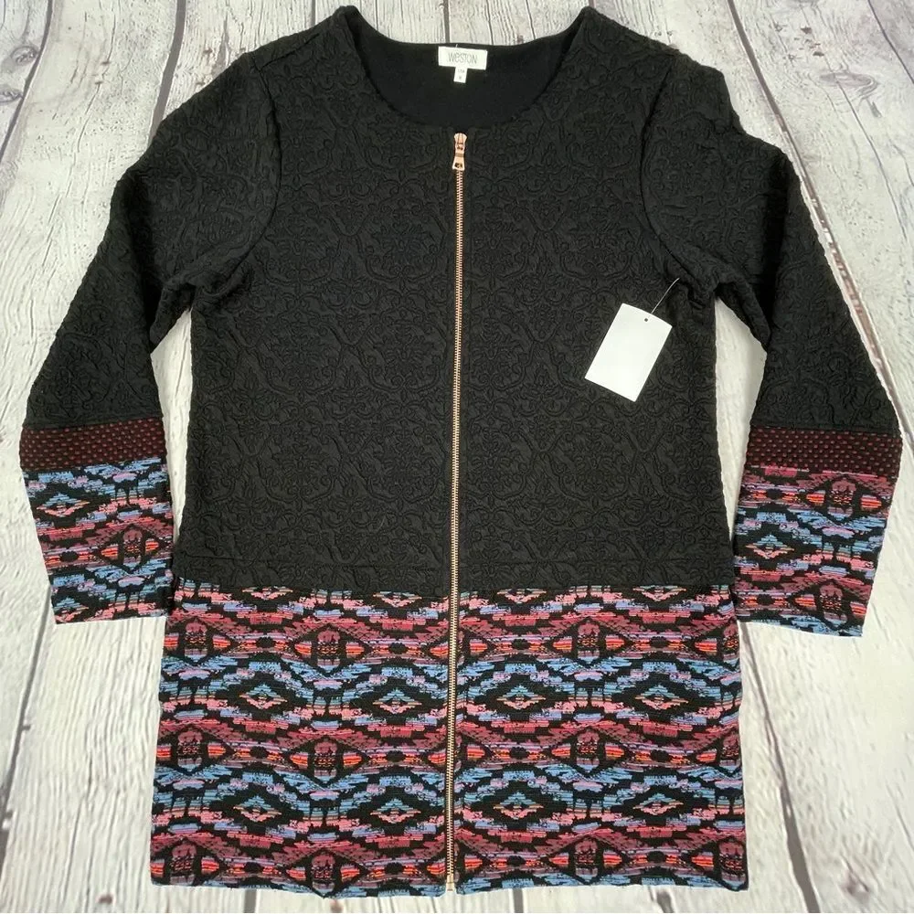 WESTON long black cardigan jacket with zipper and embroidered trim NWT, size M